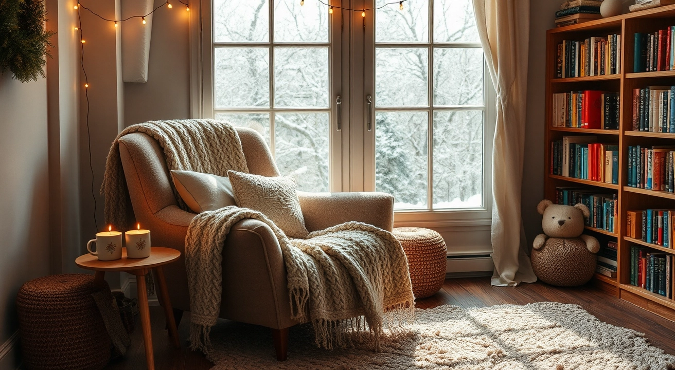 Cozy reading nook with a plush armchair, knitted blanket, hot chocolate, fairy lights, bookshelves, and winter sunlight streaming through the window.