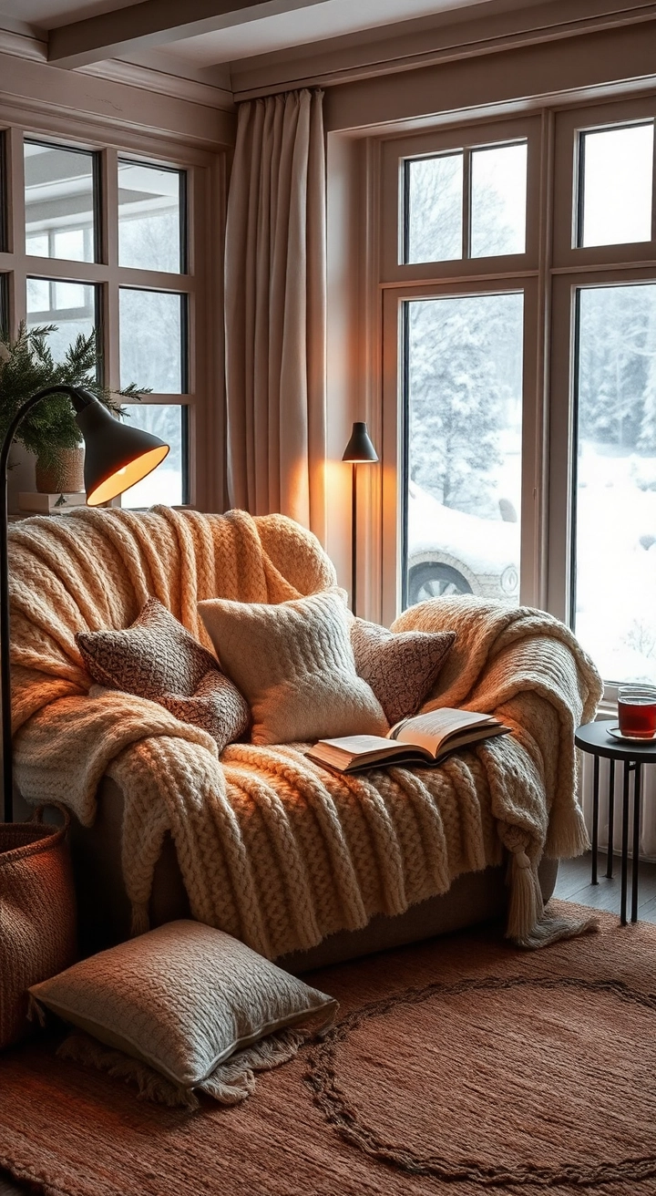 Cozy reading nook with a plush armchair draped in knitted blankets, fluffy pillows, soft ambient lighting from a floor lamp, and a side table with tea and an open book. A textured rug and snowy landscape outside complete the winter retreat.