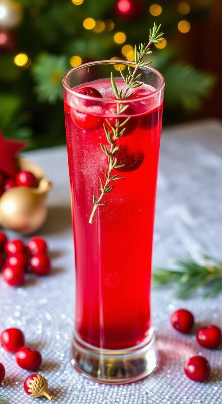 A tall glass of Cranberry Gin Fizz, vibrant red with fresh cranberries and a sprig of thyme, on a sparkling holiday table.