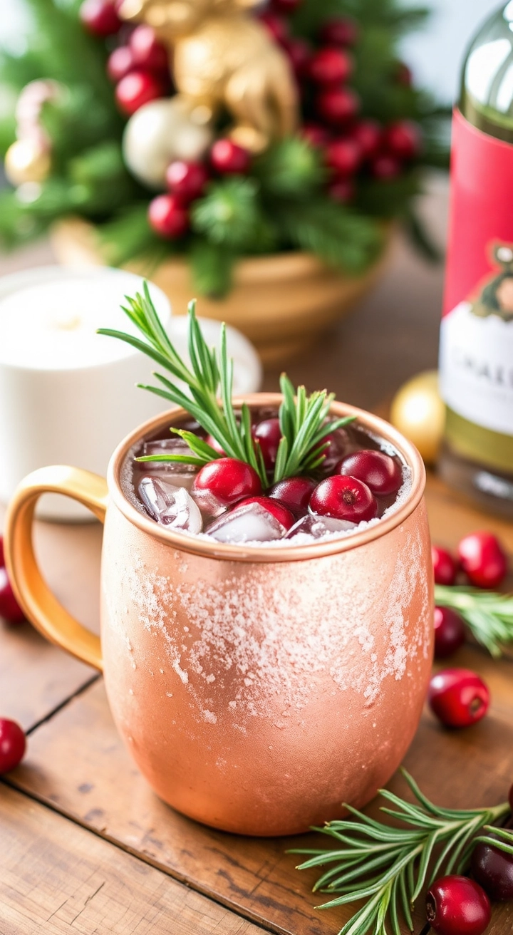 A frosty copper mug of Cranberry Moscow Mule, topped with fresh cranberries and a sprig of rosemary, placed on a rustic wooden table with Christmas lights.