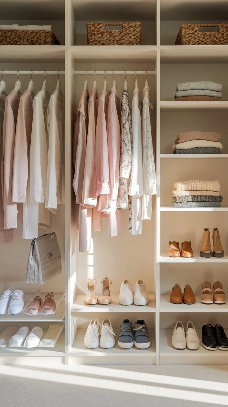 Serene, organized closet with neatly arranged clothes, shoes, and accessories, featuring color-coordinated outfits, folded sweaters on shelves, and a tidy shoe rack, soft natural light streaming in, creating a calm and minimalist atmosphere.