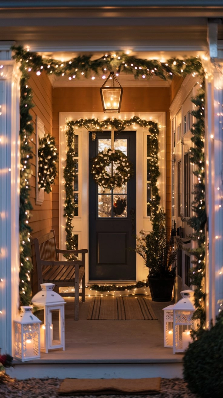 Holiday Entryway Decor featuring soft fairy lights, elegant wreaths, shimmering garlands, and glowing lanterns, creating a warm, magical, and inviting atmosphere.