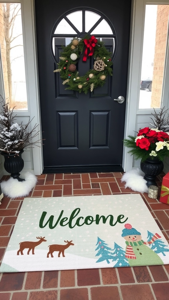 A winter-themed welcome mat with snowflakes against a snowy porch.