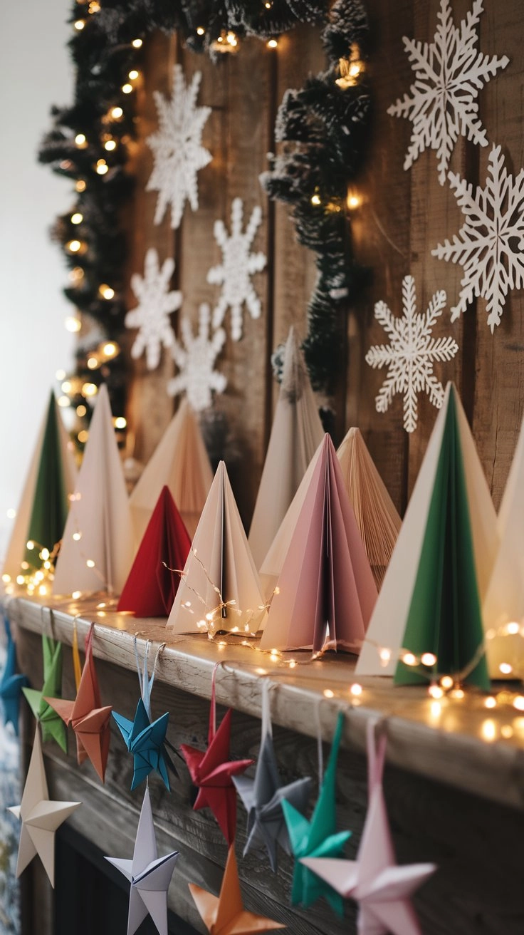 Cozy Christmas mantel decorated with DIY paper crafts, including colorful origami stars, paper snowflakes, handmade paper trees, and rustic wooden elements, with soft glowing fairy lights creating a warm holiday atmosphere.