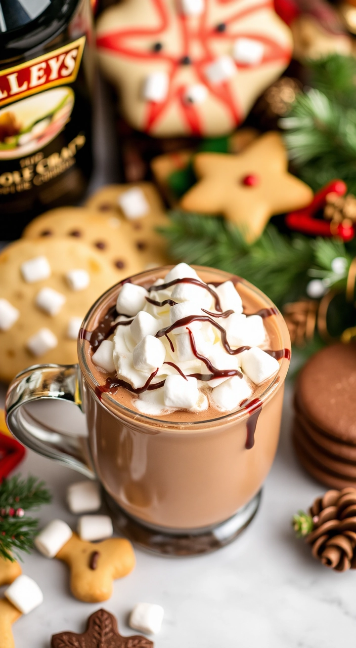 A mug of Baileys Hot Chocolate, topped with whipped cream, mini marshmallows, and a chocolate drizzle, surrounded by holiday treats.