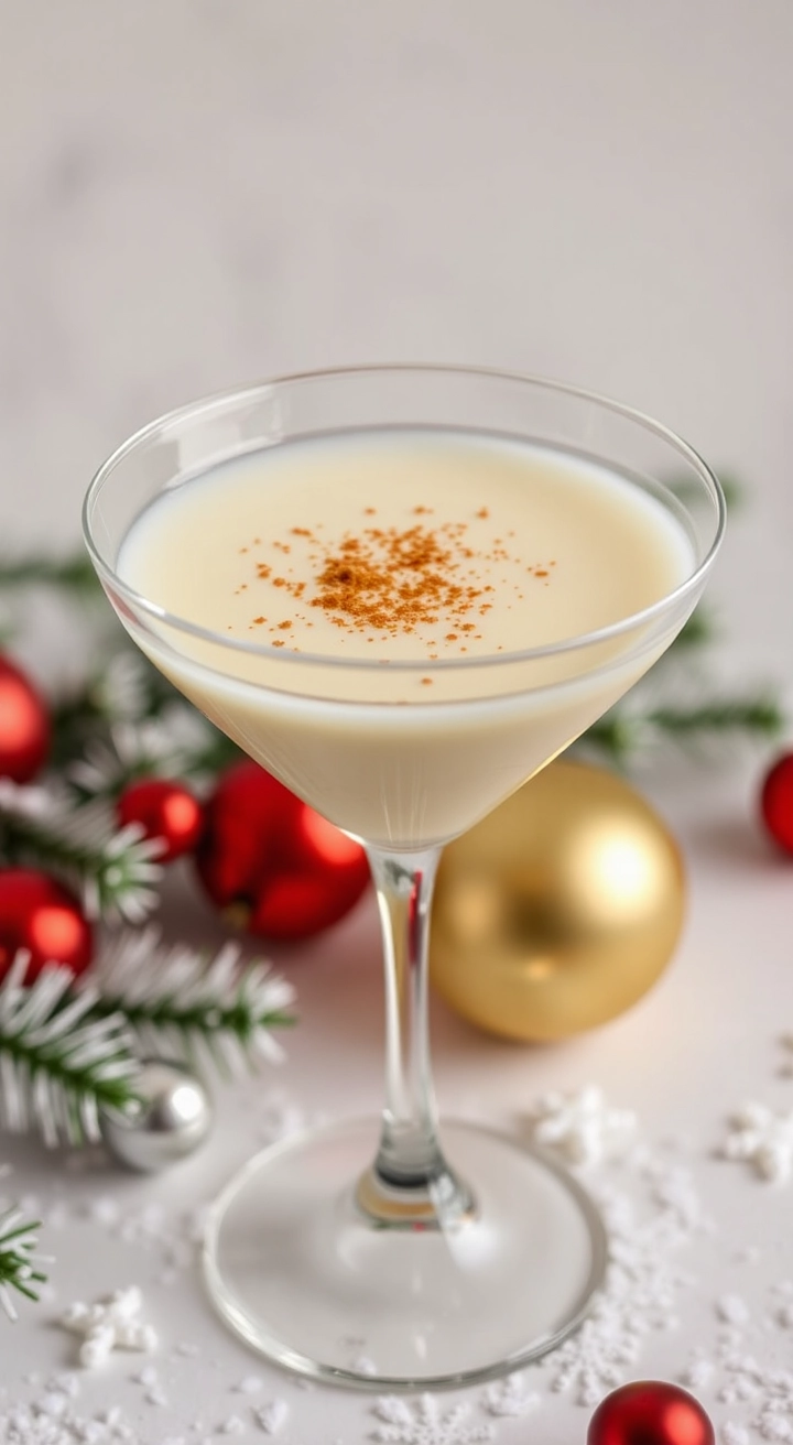 A martini glass filled with creamy Eggnog Martini, topped with a sprinkle of cinnamon, resting on a snowy white table with ornaments.