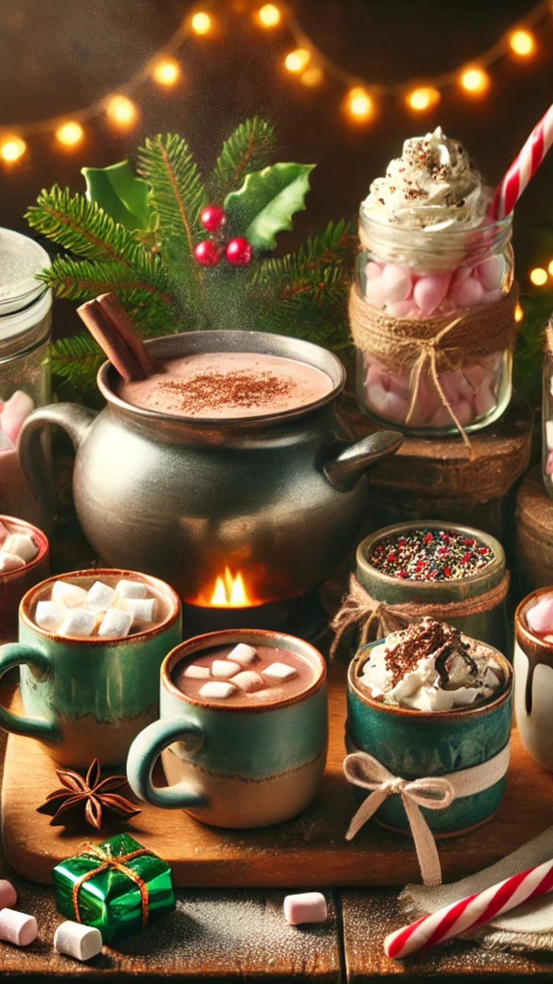 Cozy Christmas hot chocolate station with a wooden table, colorful ceramic mugs, steaming cocoa, and jars of marshmallows, peppermint sticks, whipped cream, and sprinkles. Festive holly leaves and twinkling lights create a warm, inviting atmosphere.