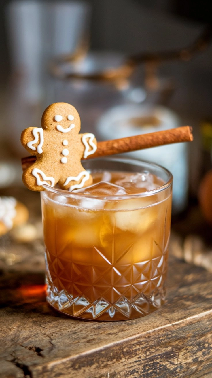 A dark golden Ginger Snap Cocktail in a whiskey glass with a gingerbread cookie garnish and cinnamon stick, on a rustic surface.