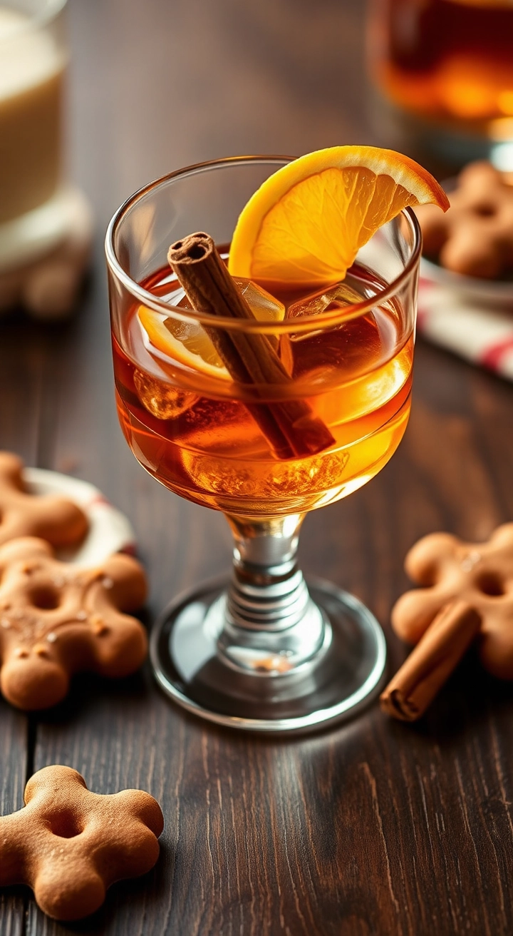 A whiskey glass of Gingerbread Old Fashioned, garnished with an orange twist and cinnamon stick, set on a rustic wooden table.