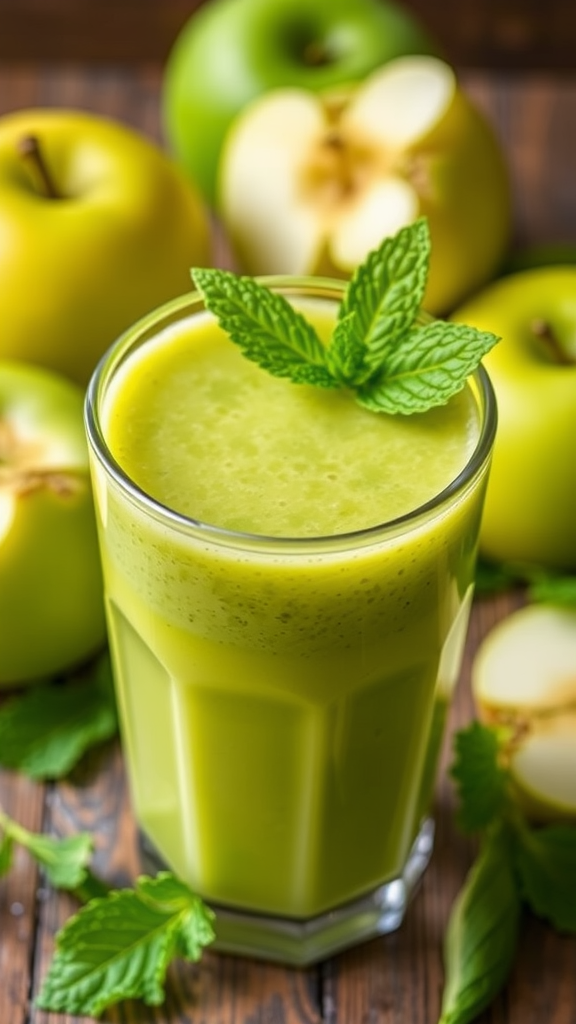 A refreshing green apple detox smoothie garnished with mint leaves, surrounded by fresh apples.