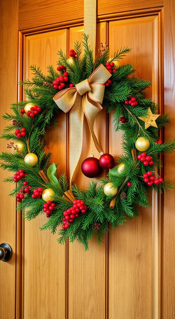 DIY Christmas wreath featuring fresh evergreens, red berries, cinnamon sticks, burlap ribbon, and festive ornaments, hung on a wooden door with warm lighting and a cozy kitchen backdrop.