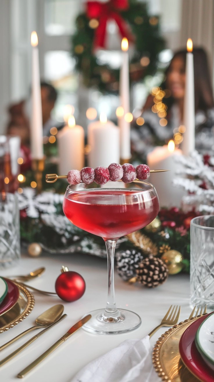 A Holiday Martini in a chilled glass, ruby red with sugared cranberries on a cocktail pick, against a chic party backdrop.