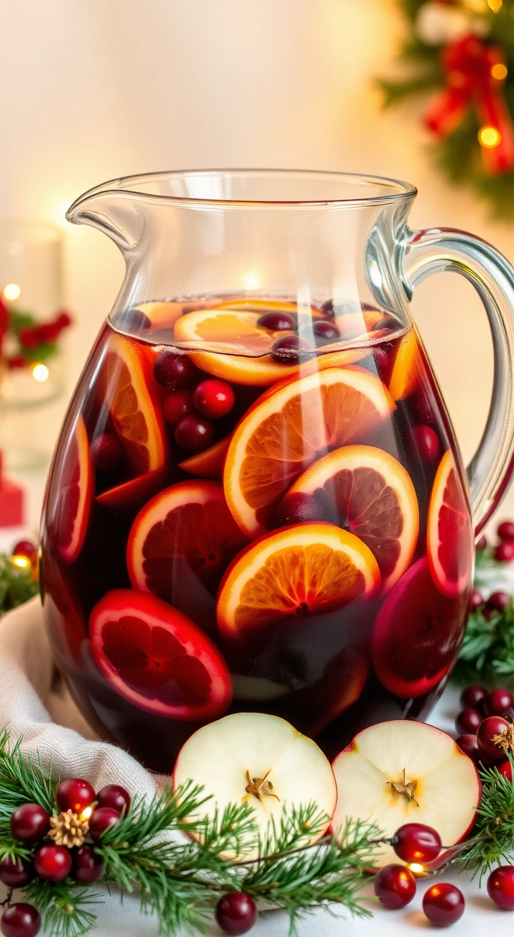 A pitcher of vibrant Holiday Sangria with orange slices, apple wedges, and cranberries floating, surrounded by festive decorations.