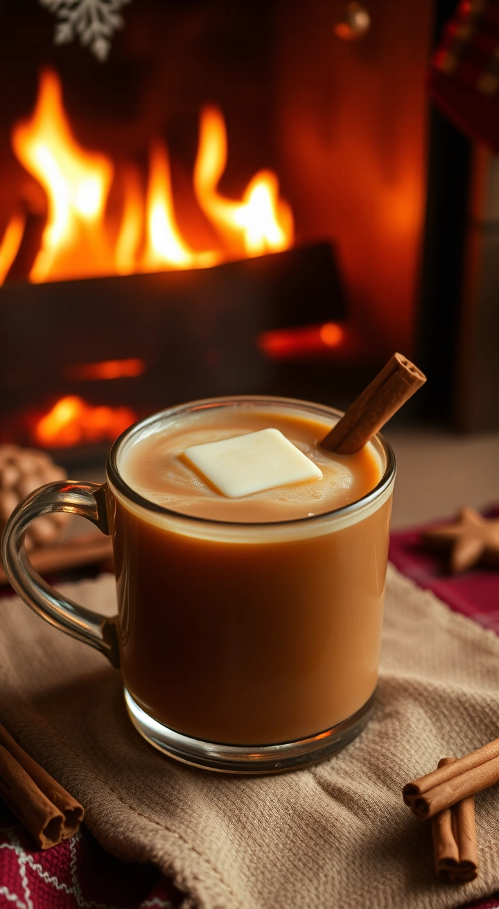 A warm mug of Hot Buttered Rum with a cinnamon stick garnish and a pat of melting butter, sitting near a cozy fireplace.