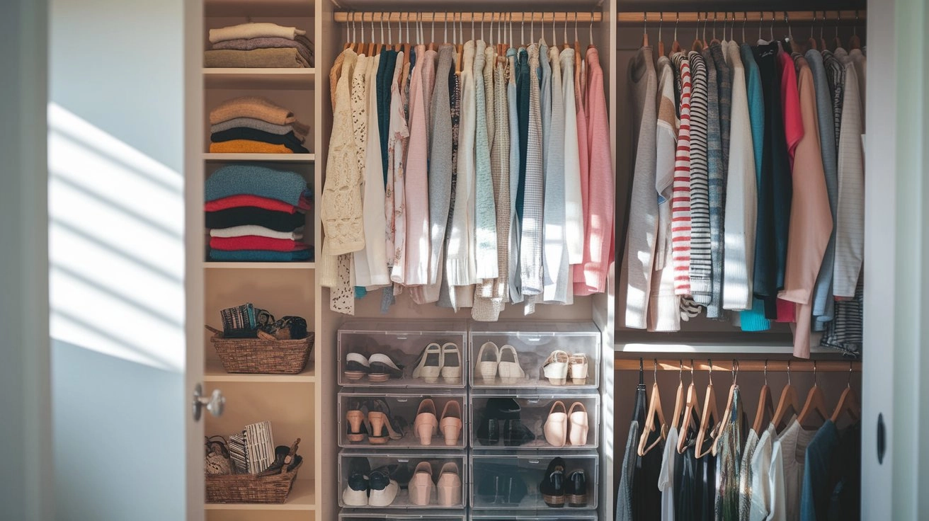 Organized closet with clothes on wooden hangers, color-coordinated shelves of folded sweaters, shoes in clear bins, a basket of accessories, and sunlight streaming through an open door, creating a warm, inviting atmosphere.