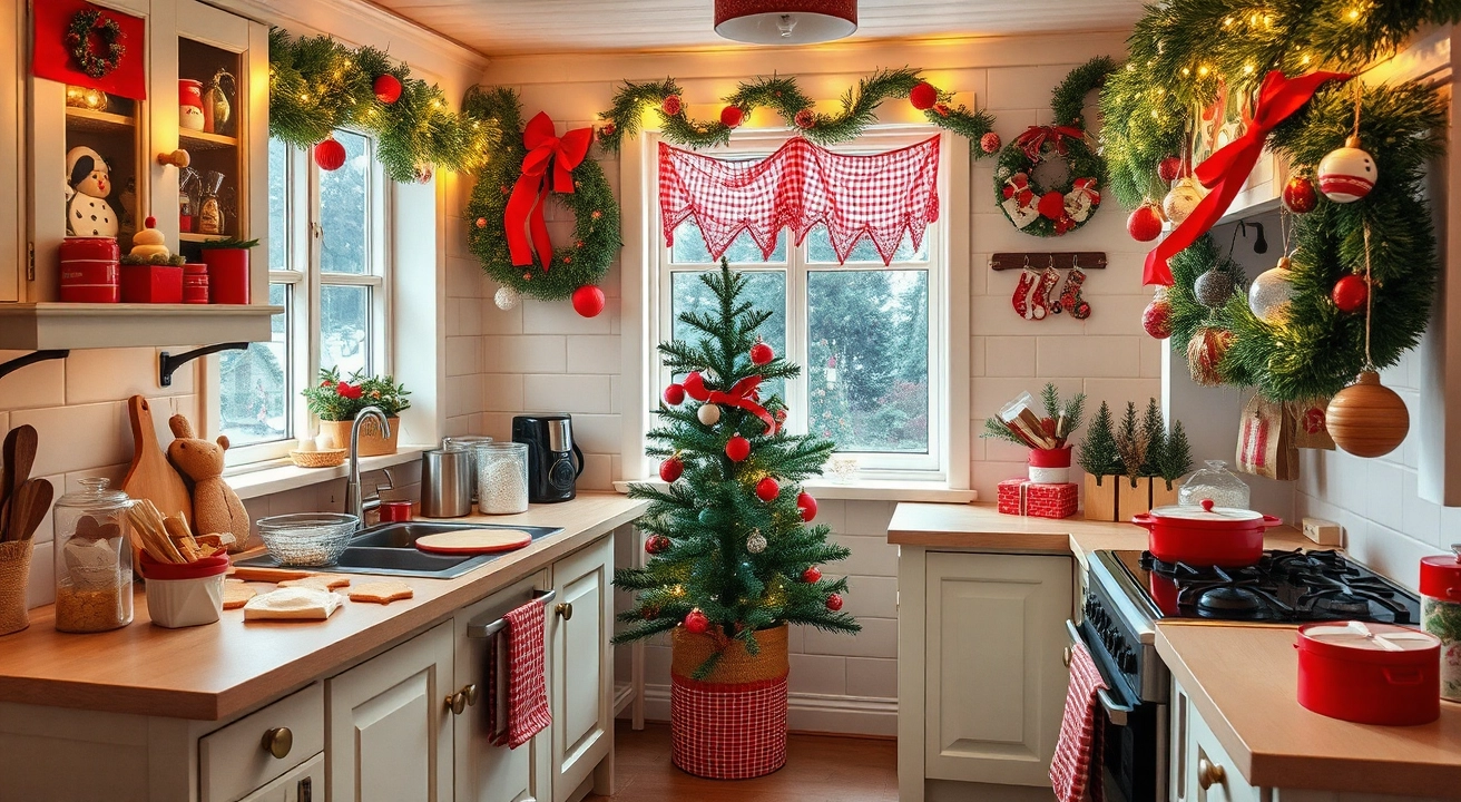 Cozy Christmas kitchen with festive red and green accents, twinkling fairy lights, a baking station with cookie cutters and holiday ingredients, fresh pine garlands, and colorful ornaments.