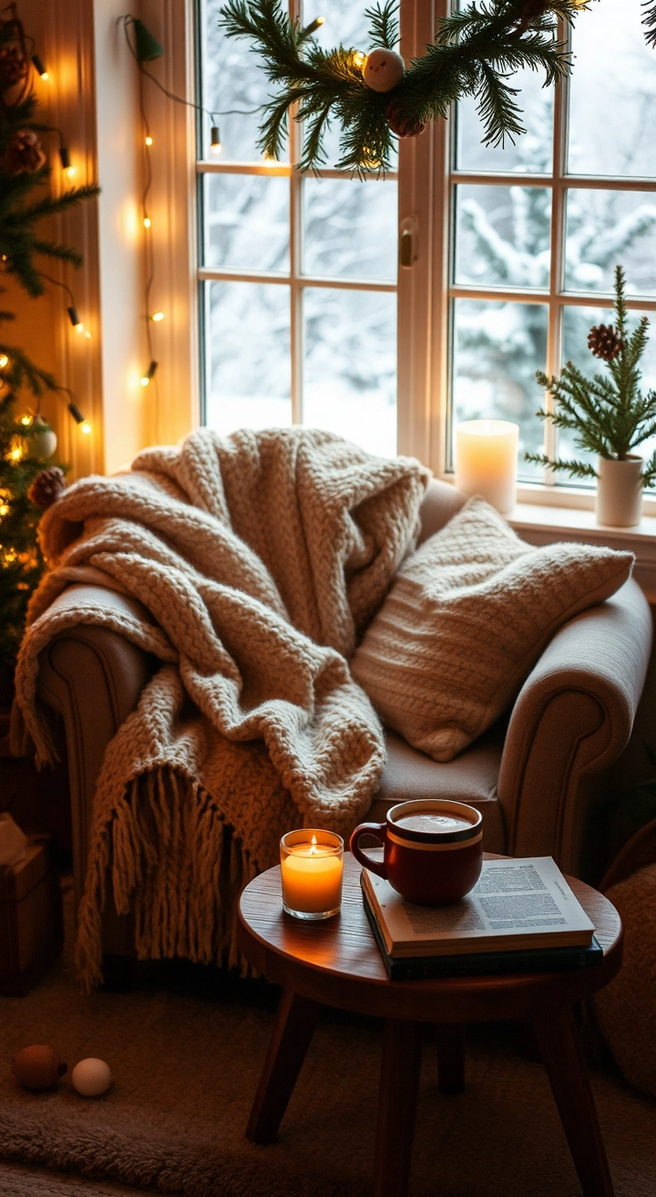 Cozy reading nook with a plush armchair, warm blanket, soft pillows, and a wooden side table with hot cocoa and books. Illuminated by fairy lights and candles, with winter decor like pinecones, evergreen branches, and a snowy window view.