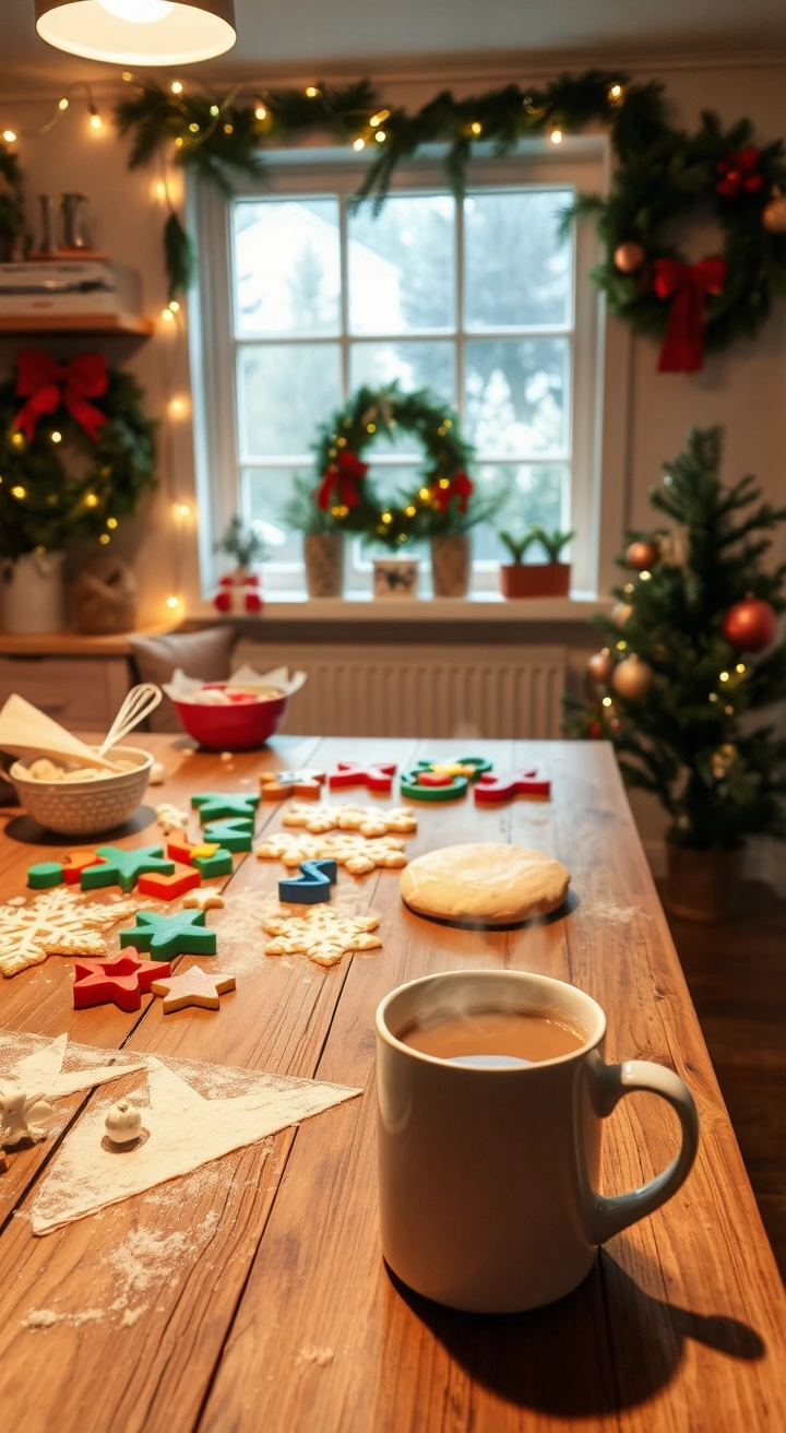 Cozy kitchen decorated for Christmas baking, featuring plaid dish towels, a holiday apron, cookie cutters, jars of seasonal ingredients, fairy lights, and pine garlands in a warm, festive atmosphere.