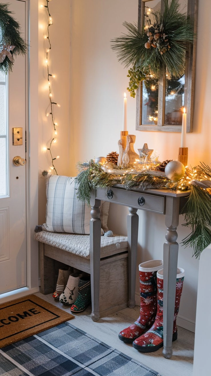 Holiday Entryway Decor showcasing a cozy small space with a welcoming doormat, a stylish console table adorned with seasonal greenery, warm string lights, a small bench with soft cushions, and festive boots placed by the door for a charming, inviting touch.