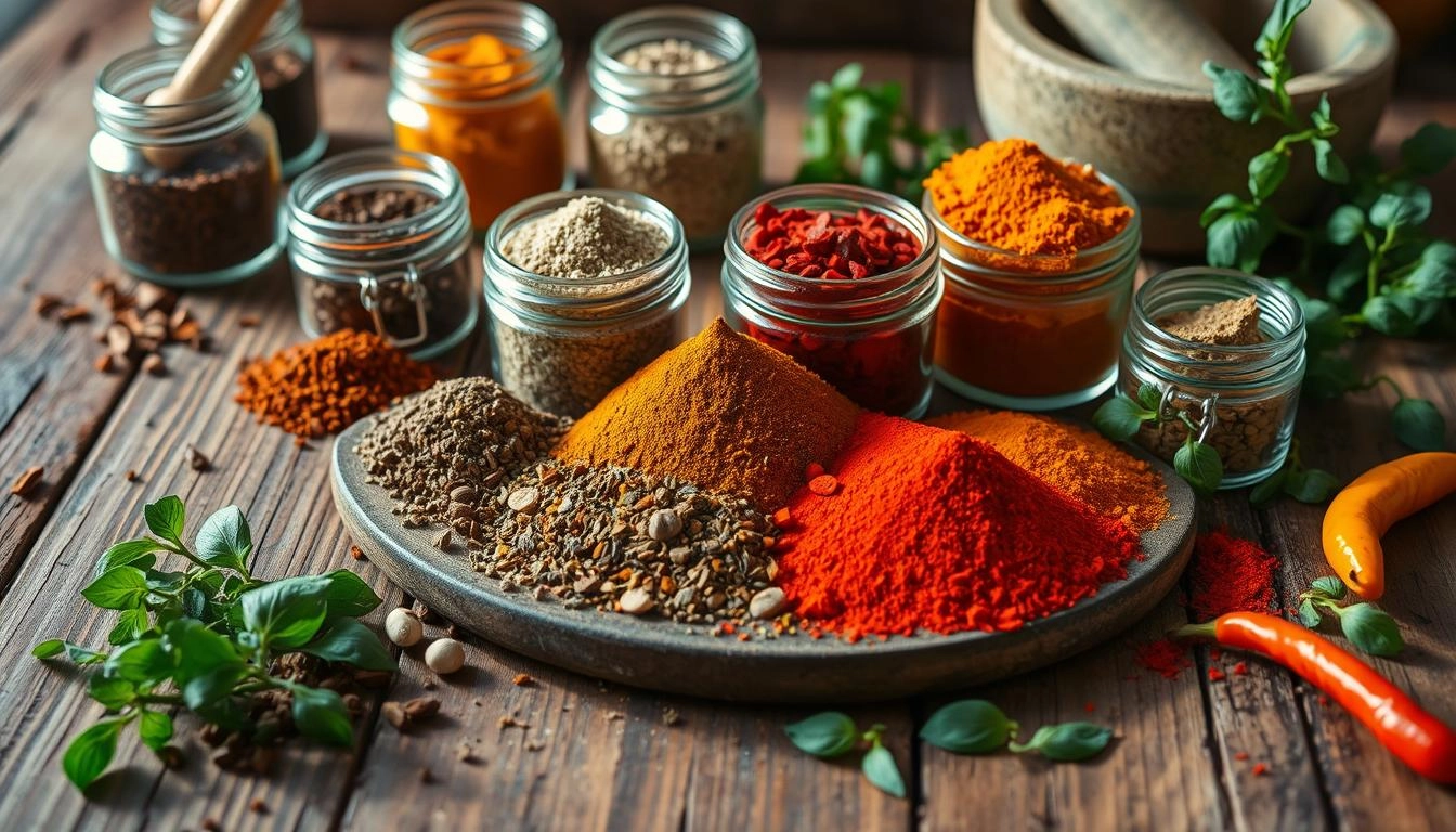 This photo shows different dried herbs you can use to season your Beef Goulash