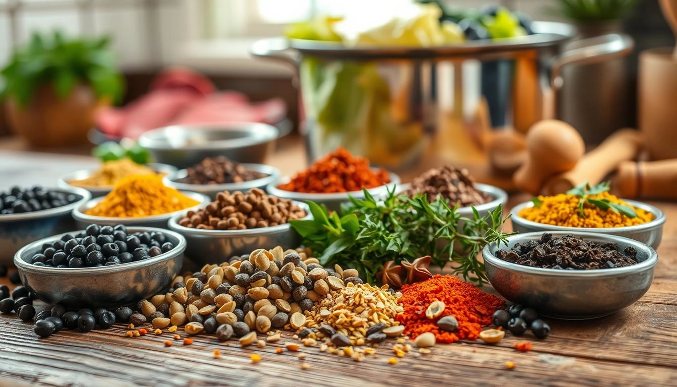 A rustic wooden table adorned with small bowls of colorful spices and herbs like mustard seeds, black peppercorns, bay leaves, and fresh thyme, with a blurred simmering pot of corned beef and cabbage in the background, illuminated by soft natural light for a warm, inviting kitchen vibe.