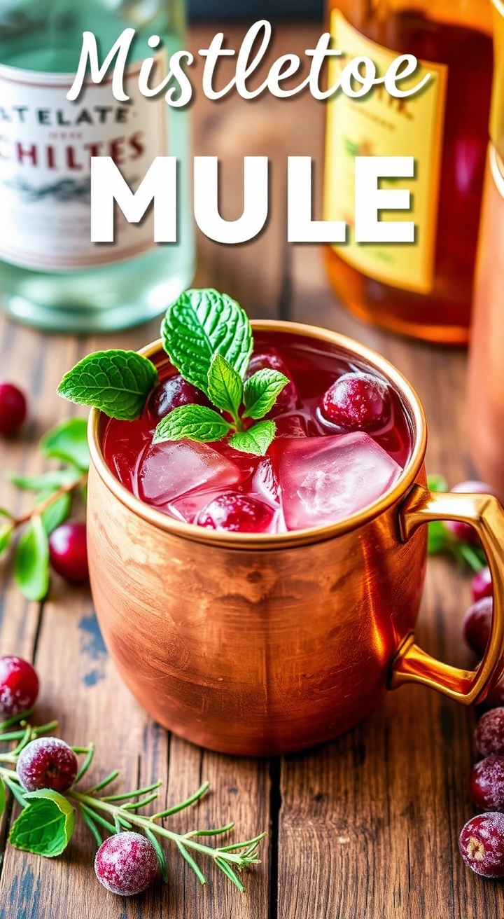 A copper mug of Mistletoe Mule, garnished with sugared cranberries and mint, placed on a wooden holiday table.