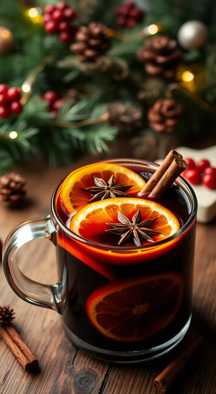 A warm mug of Mulled Wine with orange slices and cinnamon sticks, placed on a cozy wooden table with holiday garlands in the background.