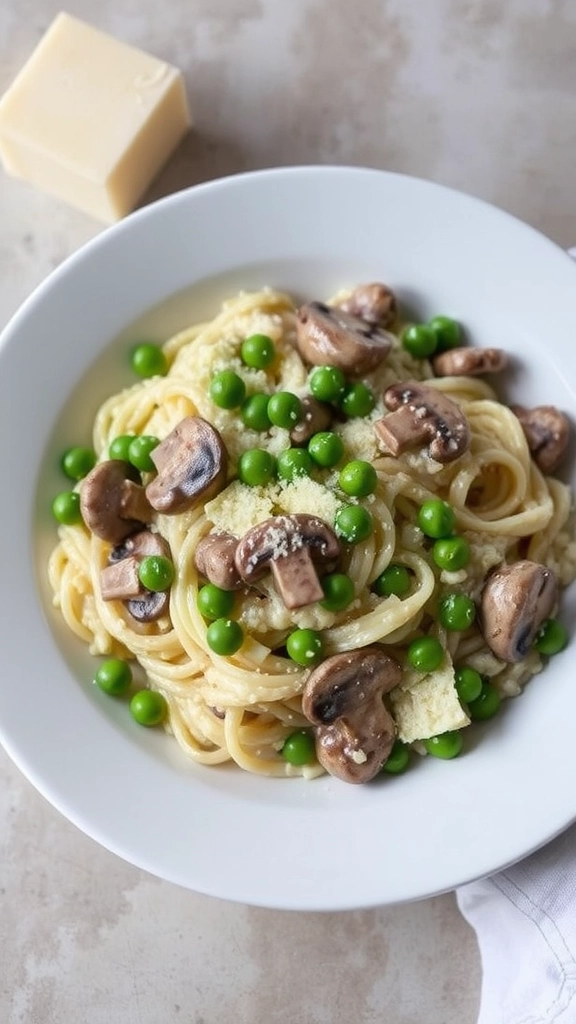 A bowl of Mushroom and Pea Risotto Pasta with green peas and sliced mushrooms.