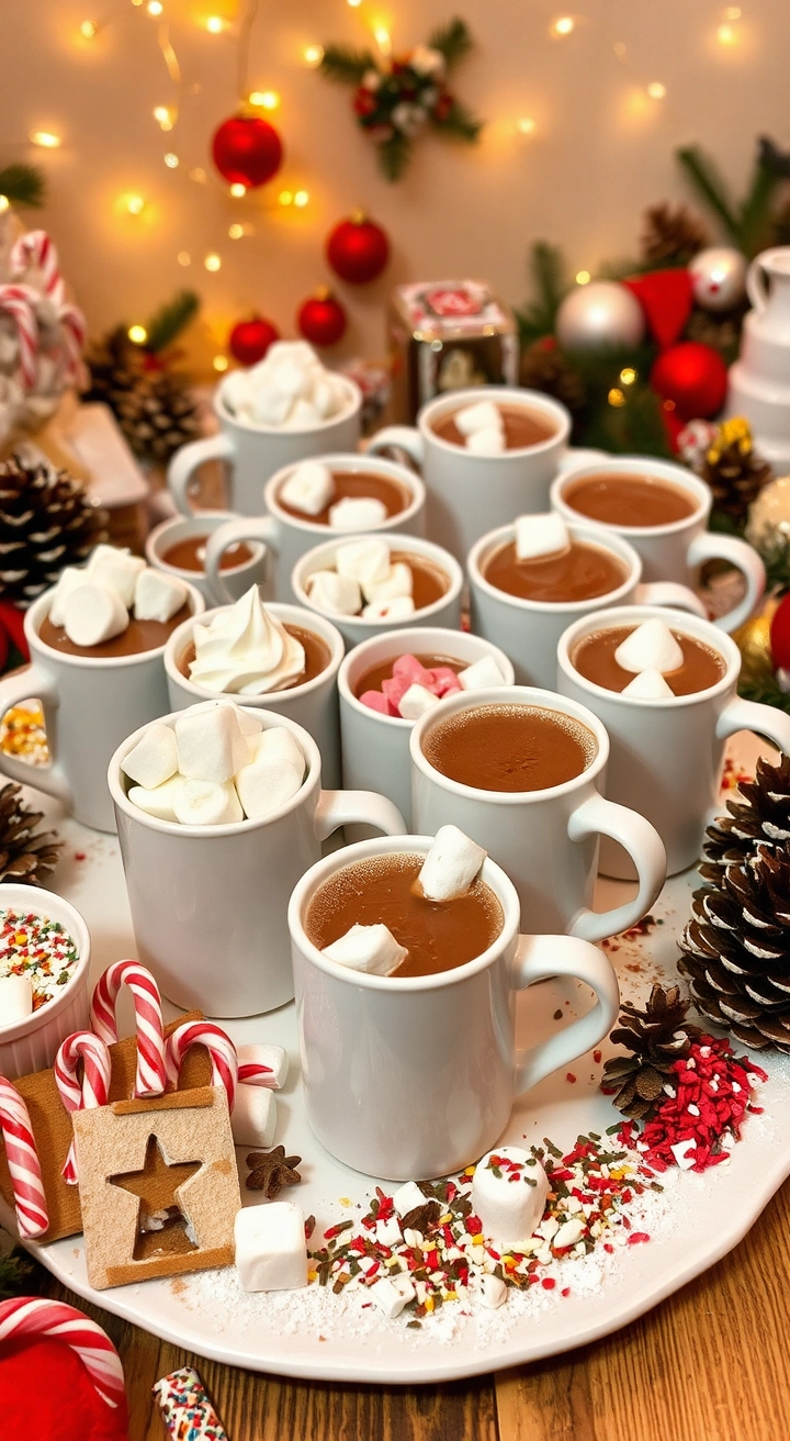 A beautifully arranged hot chocolate station for a Christmas party, featuring steaming mugs of rich hot chocolate surrounded by colorful toppings like whipped cream, marshmallows, crushed candy canes, chocolate shavings, caramel sauce, and festive sprinkles. Twinkling fairy lights, pinecones, and holiday ornaments decorate the scene, creating a warm and inviting atmosphere.