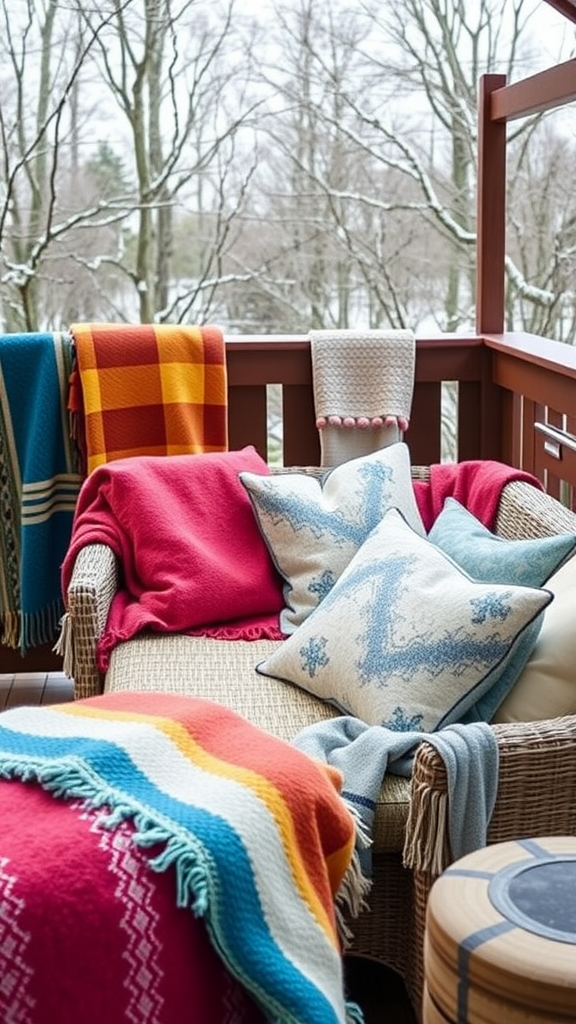 A cozy outdoor patio setup with colorful blankets and cushions arranged on chairs around a small table.