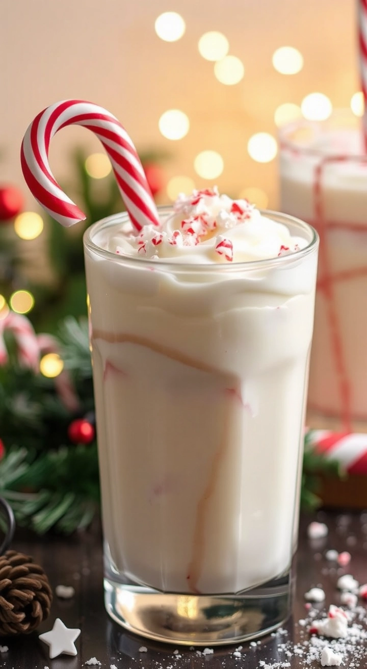 A glass tumbler filled with a creamy Peppermint White Russian, garnished with crushed candy canes and a whole candy cane stirrer, set against a festive holiday backdrop.