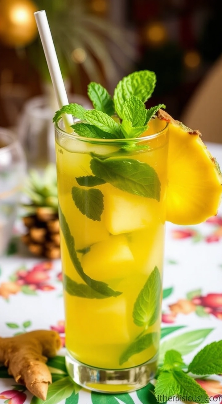 A tall glass of Pineapple Ginger Mojito with pineapple chunks, mint, and a ginger slice garnish, on a holiday-themed table.