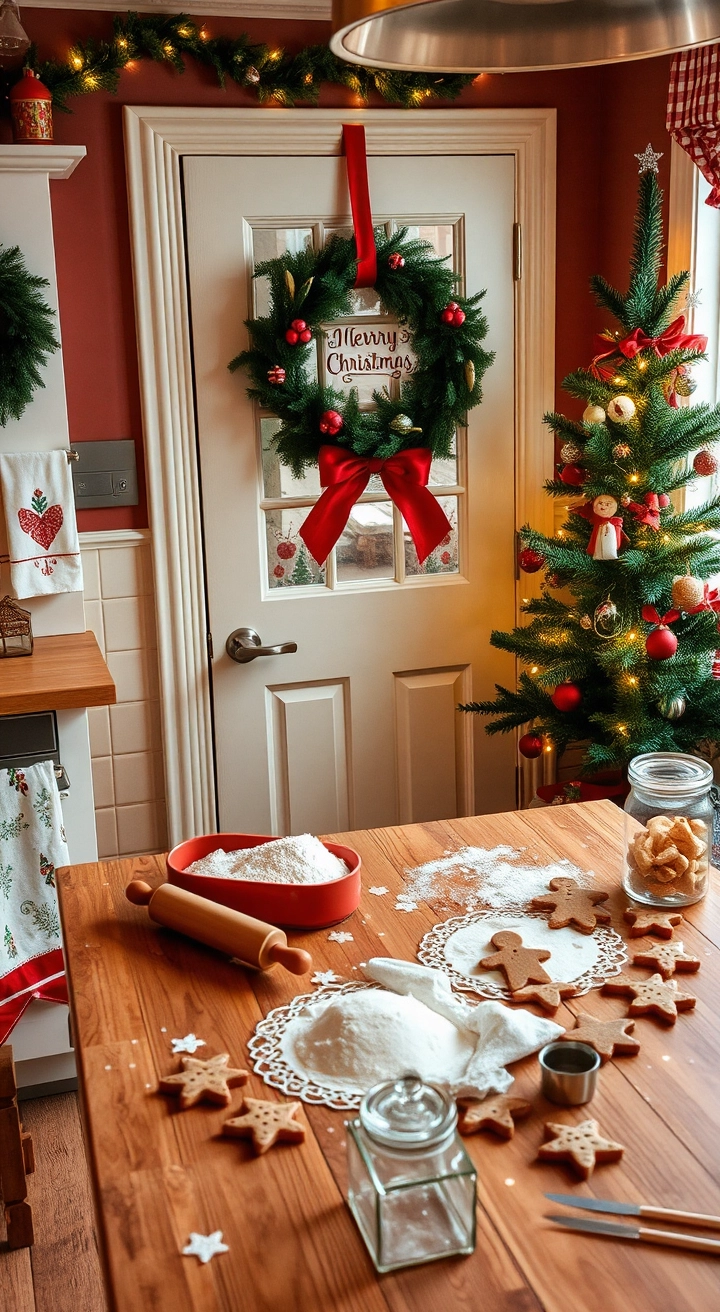 Cozy Christmas kitchen with red, green, and white decor, a wreath on the door, holiday-patterned towels, a baking table with rolling pins and cookie cutters, and a glowing tree in the corner.