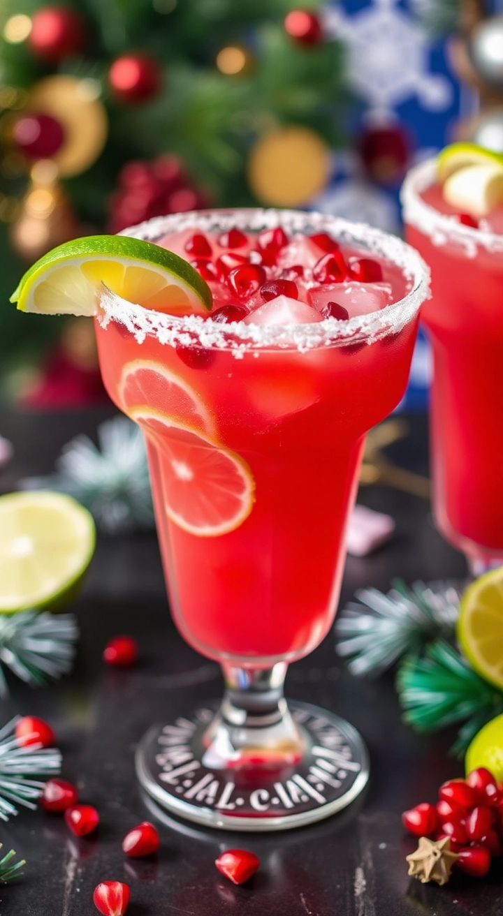 A glass of Pomegranate Margarita with a sugared rim, garnished with lime slices and pomegranate seeds, against a holiday-themed setting.