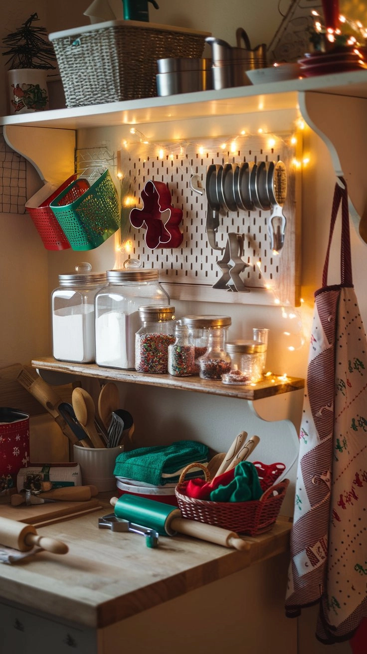 Cozy Christmas kitchen designed for baking, featuring organized storage with jars of flour, sugar, and sprinkles, festive cookie cutters, a lit pegboard with measuring tools, and holiday-themed baking decor.