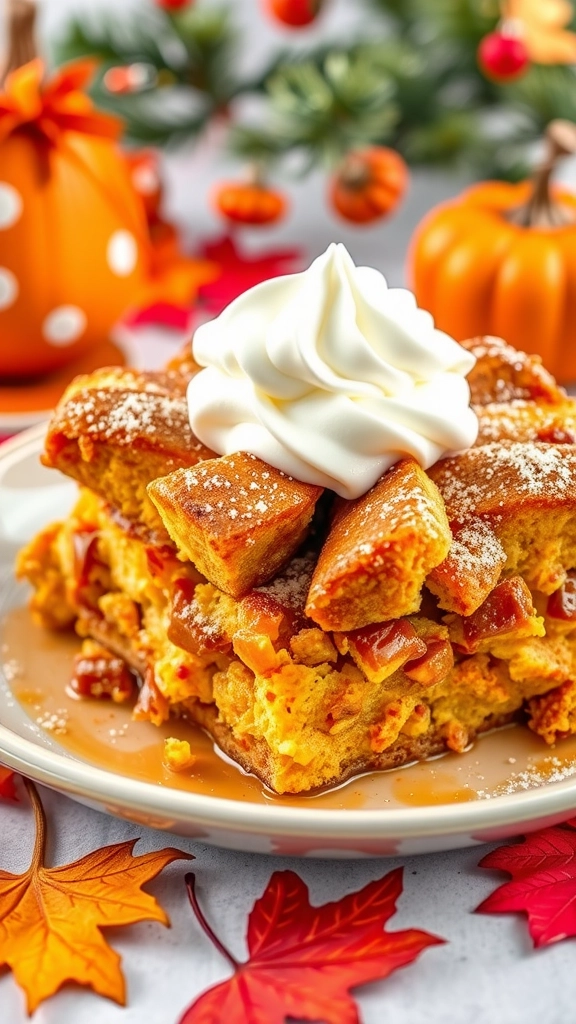 A delicious serving of Pumpkin Spice Overnight French Toast topped with whipped cream and nuts, surrounded by autumn leaves and festive decorations.