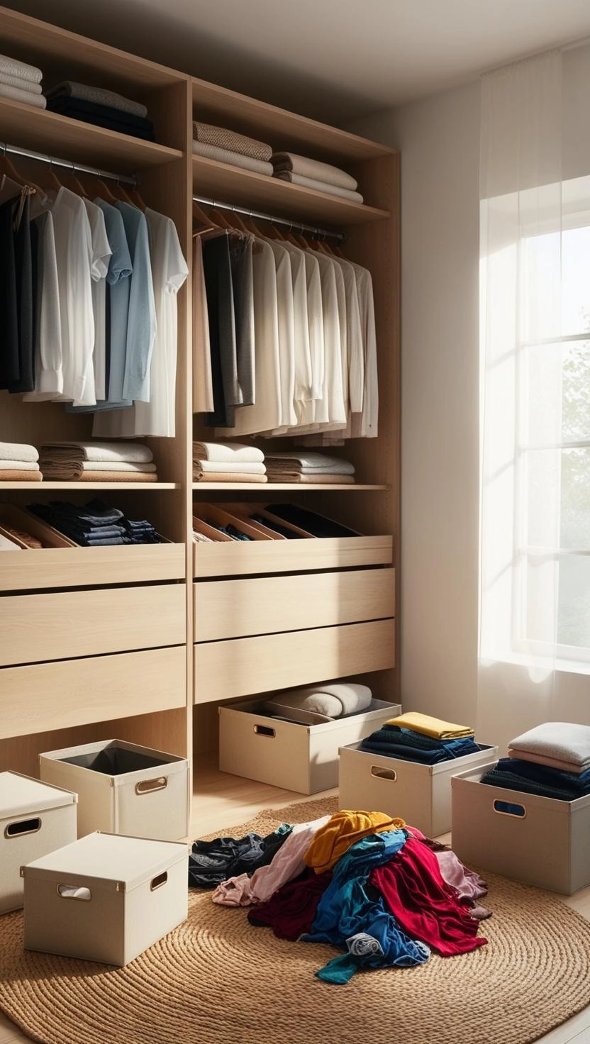 Well-organized closet with neatly hung clothes and folded items, a cluttered section being sorted with colorful clothing piles on the floor and open storage boxes, soft morning light filtering through a window, creating a calming atmosphere of transformation.