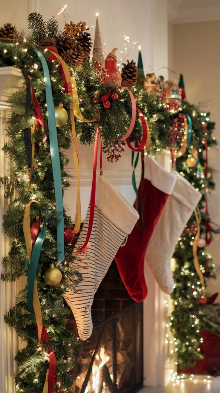 Cozy Christmas mantel adorned with colorful ribbons wrapped around garlands, twinkling fairy lights, ornaments hanging from the ribbons, and scattered pinecones. Stockings hang from the mantel, with a warm fire glow, creating a festive and charming holiday atmosphere.