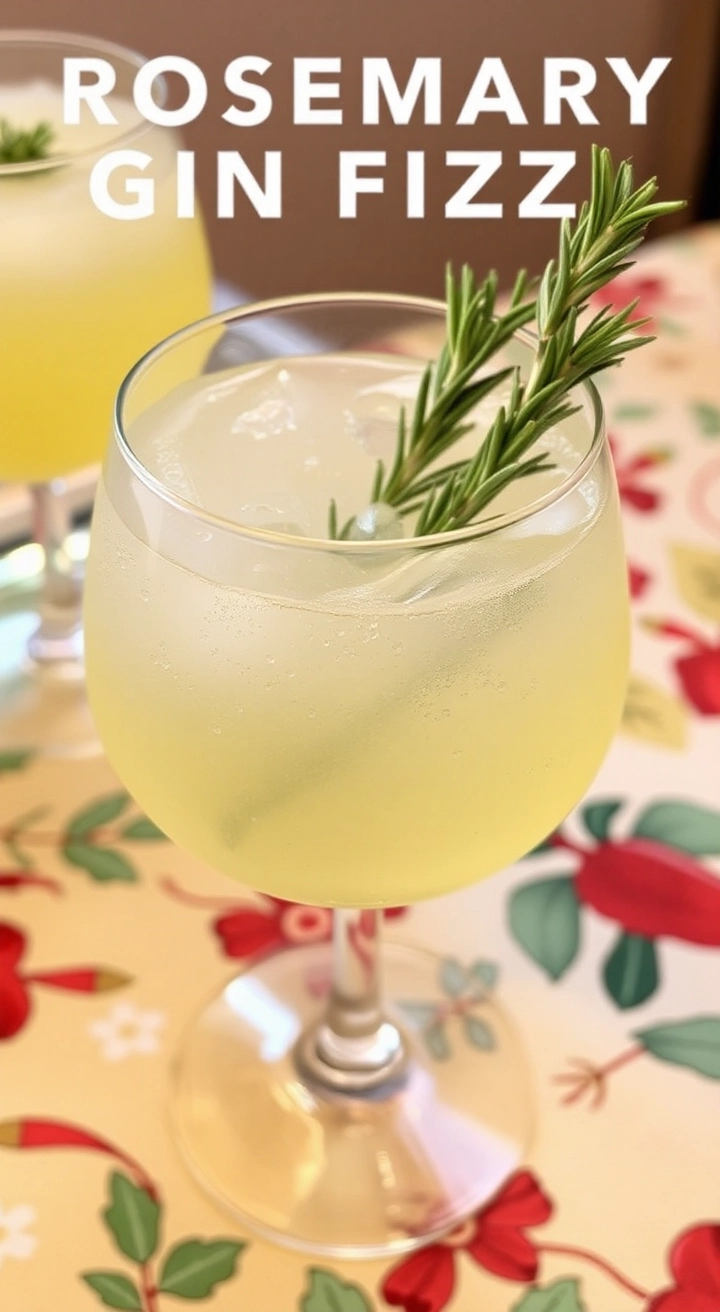 A clear glass of Rosemary Gin Fizz, light yellow with a rosemary sprig garnish, placed on a holiday-decorated table.