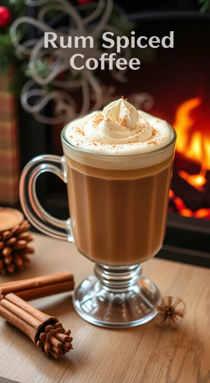 A steaming mug of Rum Spiced Coffee with whipped cream and a cinnamon sprinkle, near a holiday fireplace.