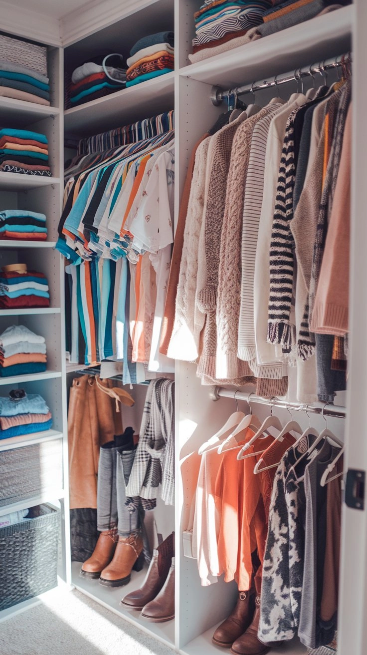 Vibrant closet showcasing a seasonal transition with colorful summer clothes on one side and cozy autumn sweaters, scarves, and boots on the other, illuminated by soft natural light for a welcoming atmosphere.