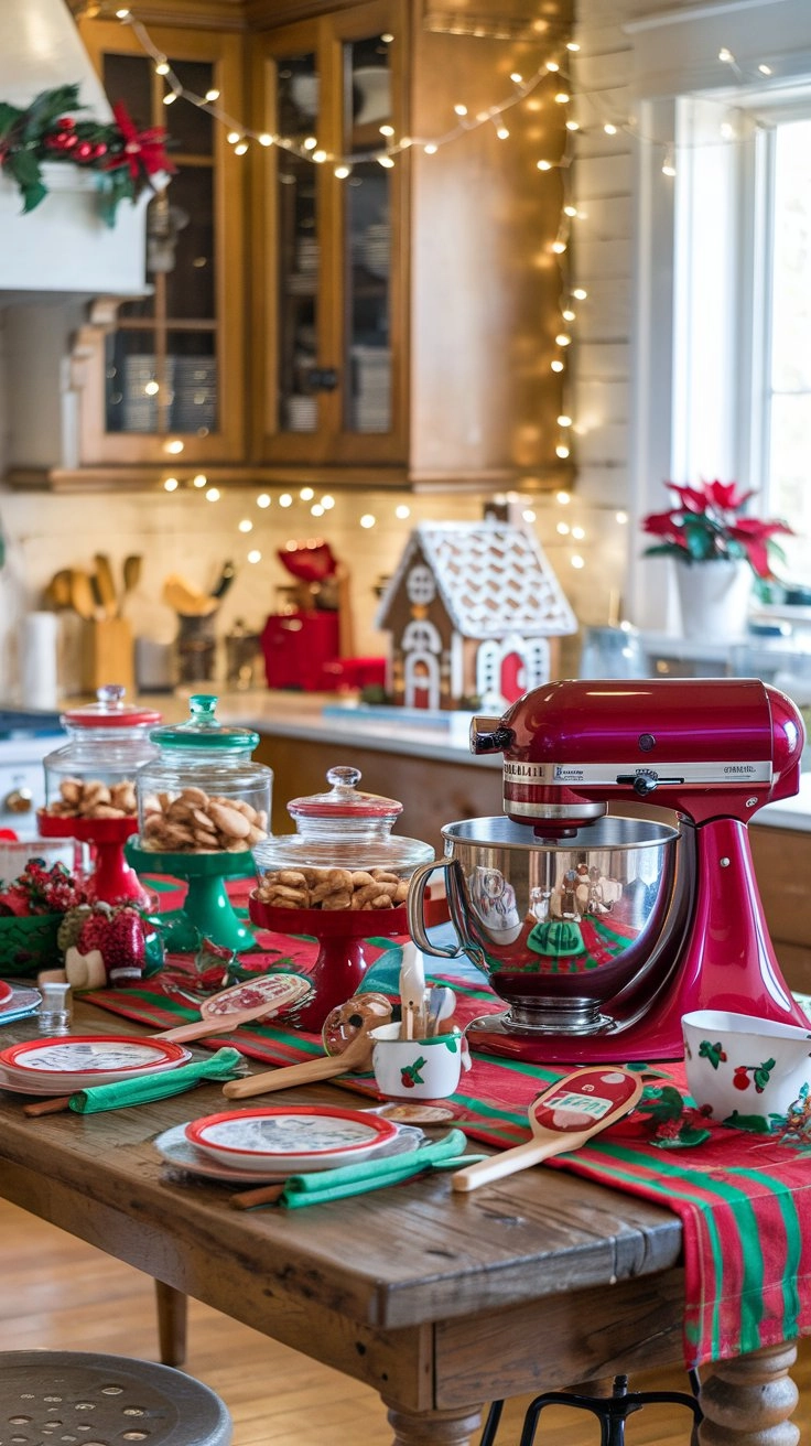 Festive kitchen with a rustic wooden table, red and green tablecloth, cookie jars, a red stand mixer, holiday-themed baking tools, twinkling lights, and a gingerbread house, creating a cozy ambiance.