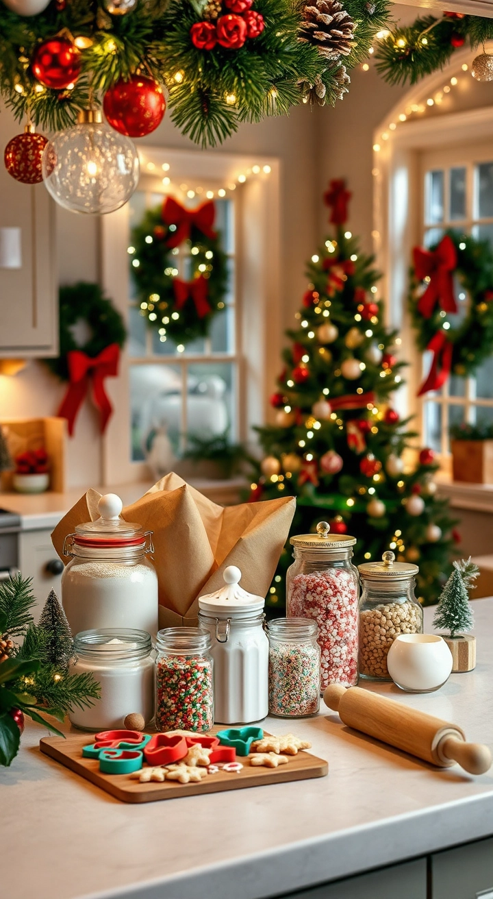 "Cozy Christmas kitchen with festive ornaments, twinkling lights, an organized baking station with jars of sprinkles, cookie cutters, a rolling pin, and a decorated tree in the background."