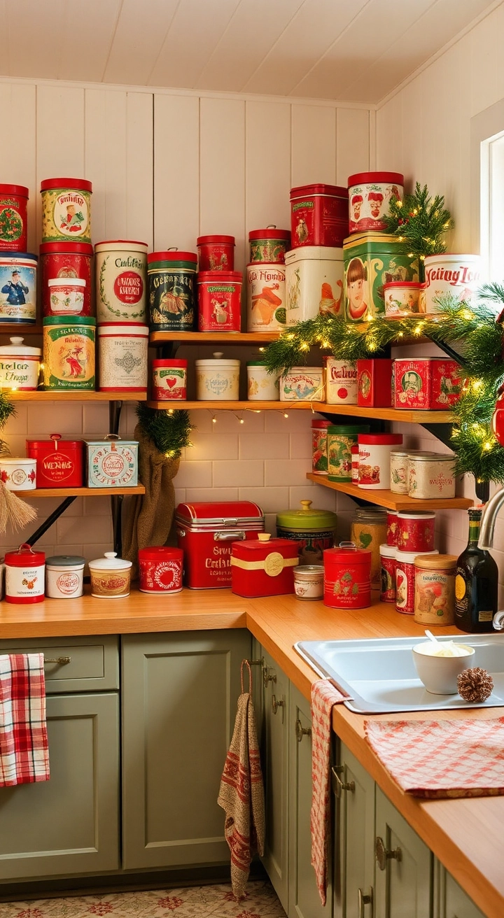 Cozy Christmas kitchen with vintage cookie tins in festive colors, wooden shelves, twinkling lights, holiday textiles, and baking ingredients, creating a warm holiday baking atmosphere.