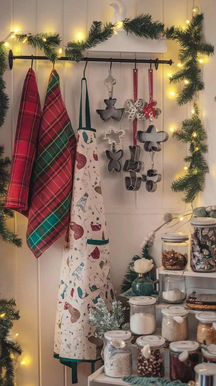 Festive Christmas kitchen featuring plaid dish towels, a holiday apron, seasonal cookie cutters, jars of baking ingredients, pine garlands, and warm fairy lights for a cozy atmosphere.