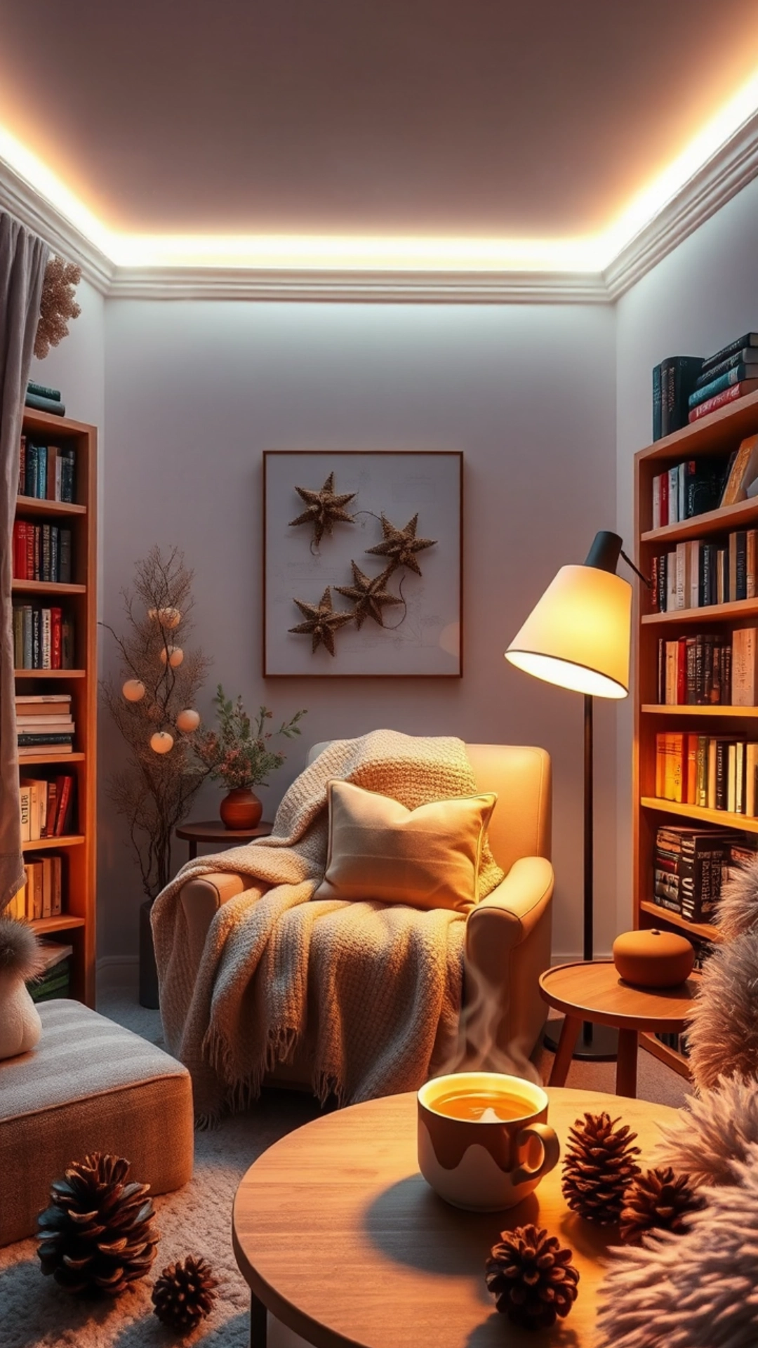 Cozy reading corner with smart lighting, featuring warm ambient light, adjustable LED strips, a comfy armchair with a blanket, bookshelves, a side table with tea, and winter decor like pinecones and faux fur accents.