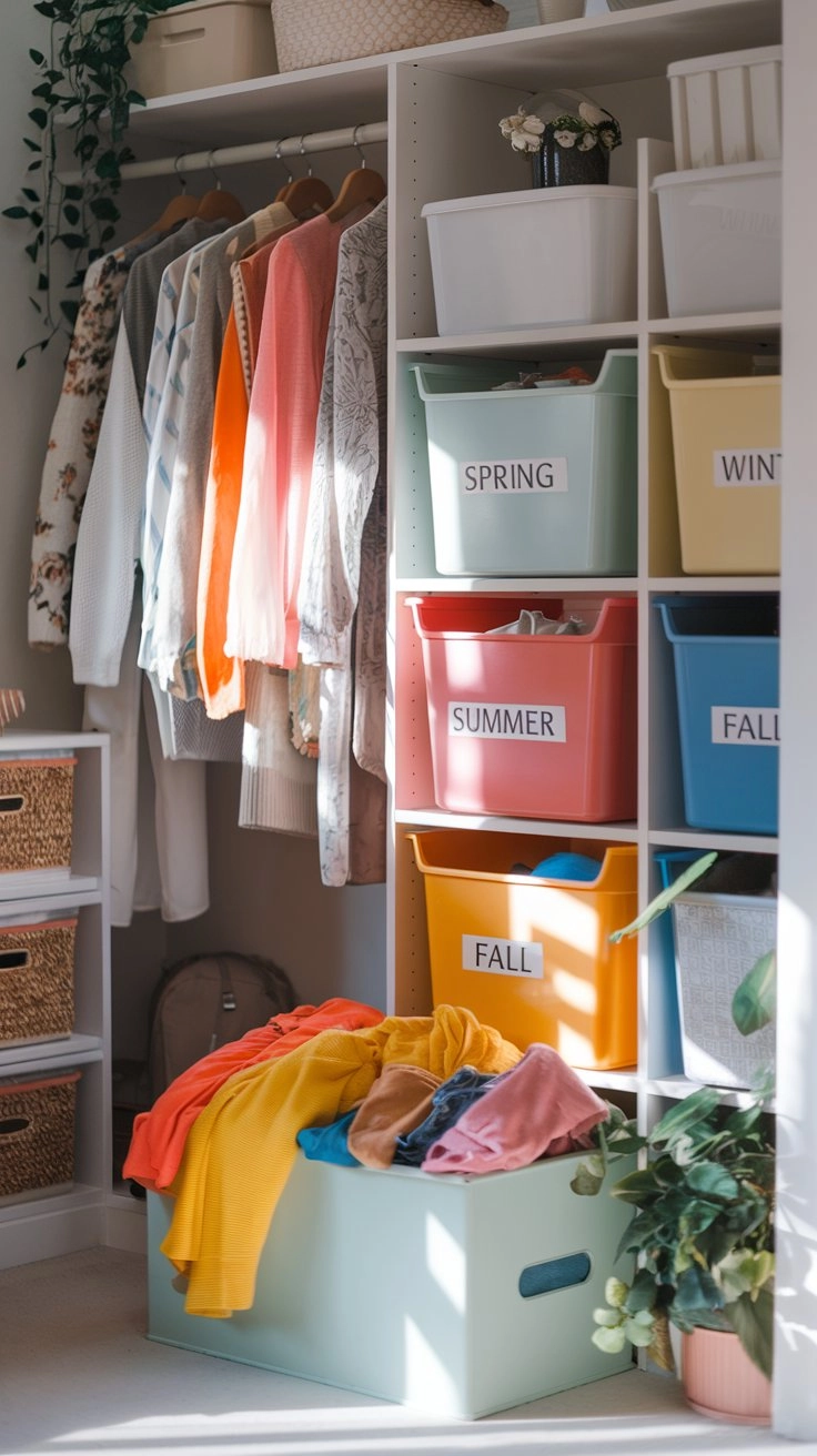 Cozy, organized closet featuring neatly hung seasonal clothes, labeled storage bins, a donation box with vibrant garments, natural light streaming in, and a potted plant adding a fresh touch.