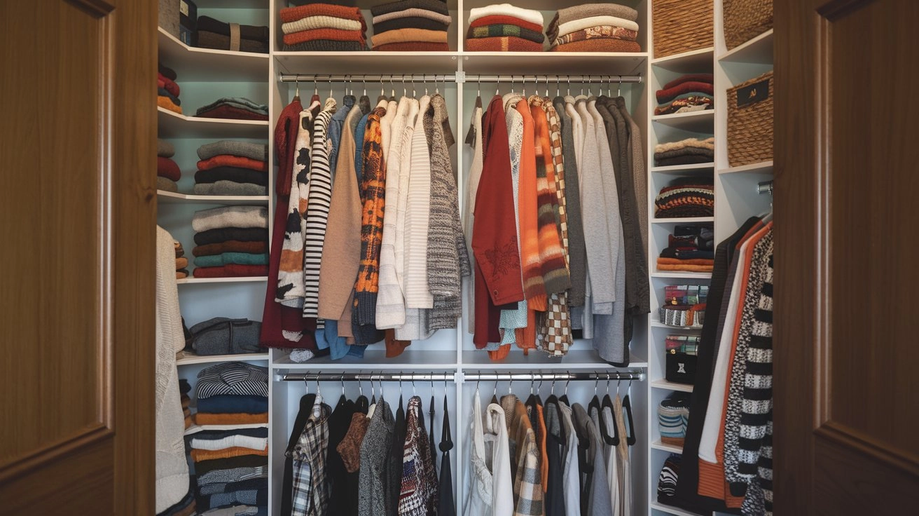 Cozy, organized closet with neatly folded seasonal clothes, showcasing vibrant sweaters, scarves, and boots, with summer items stored in colorful bins; natural light highlights the textures and colors of the fabrics.