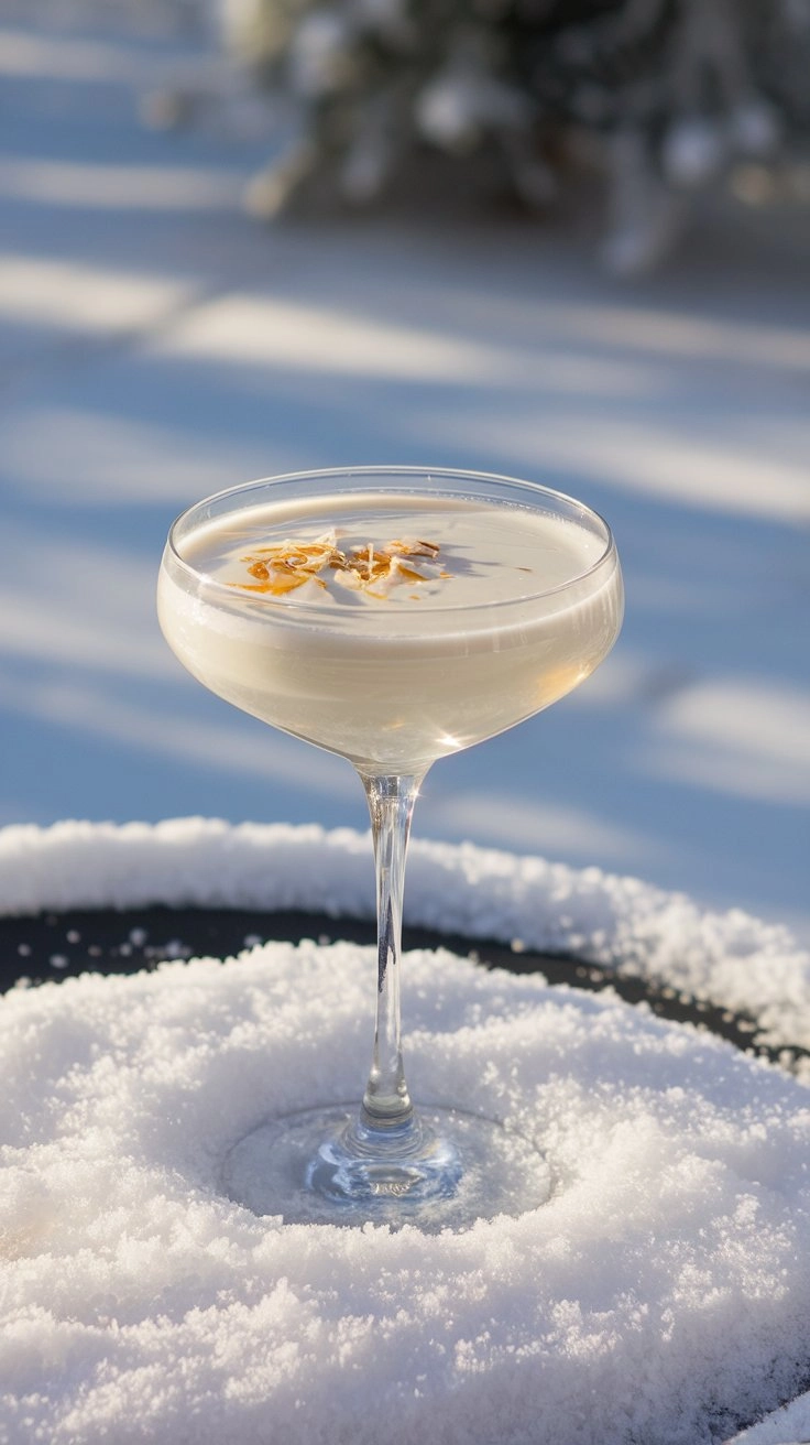 A sleek Snowflake Martini in a frosted glass with coconut flakes, set on a snowy white holiday table.