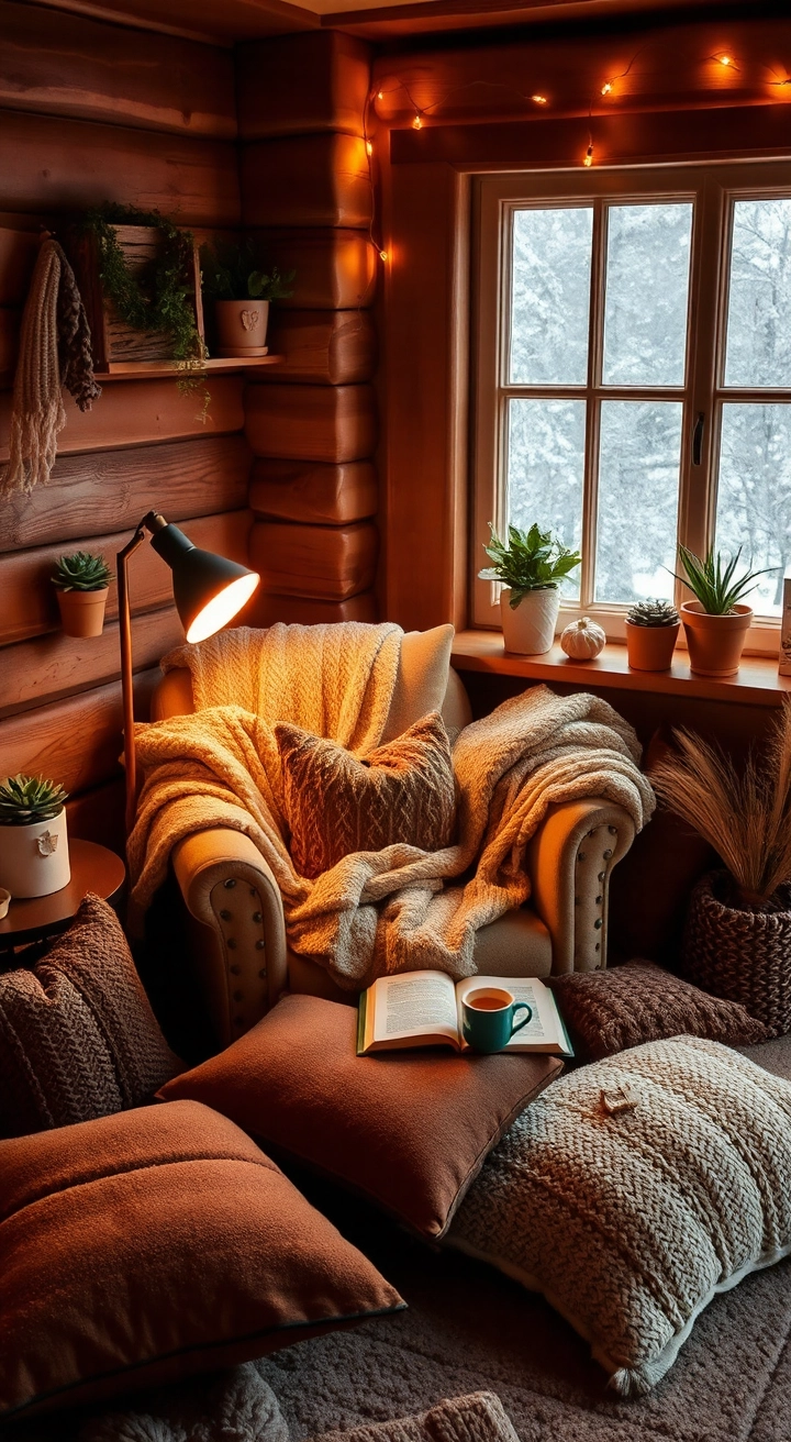 Cozy reading nook with a plush armchair, soft blanket, cushions, side table with tea and book, floor lamp, snowy window view, potted plants, knit throws, and fairy lights.